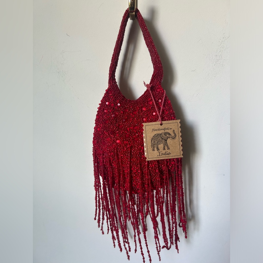 Viral Red Beaded Fringe Holiday Evening Bag